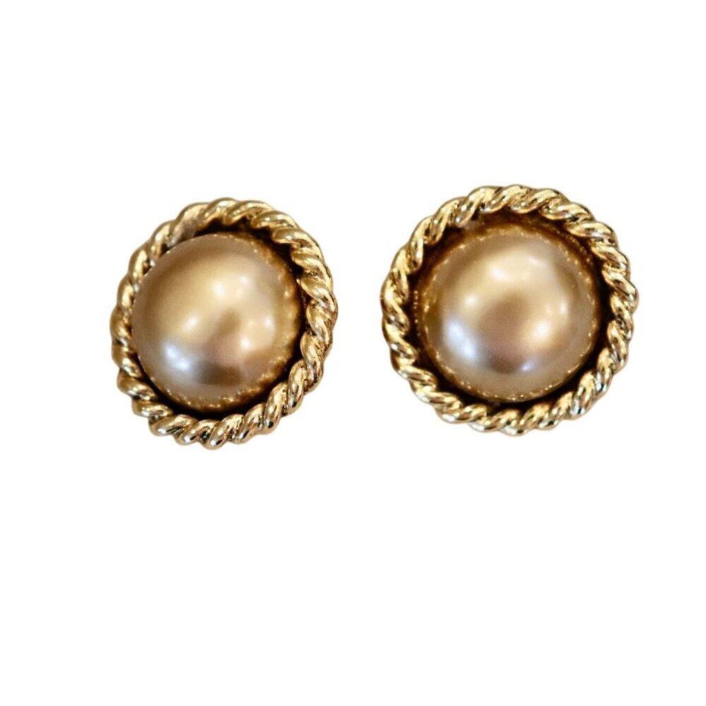 Gold-Tone Faux Pearl Clip-On Earrings By Carol Lee Vintage Jewelry